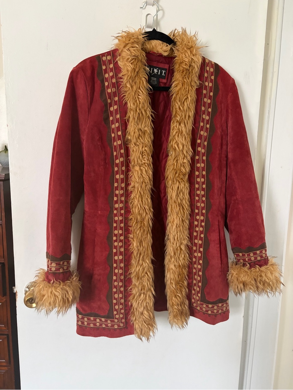 Mixit Red Teddy-Trim Suede Jacket with Gold Fur
